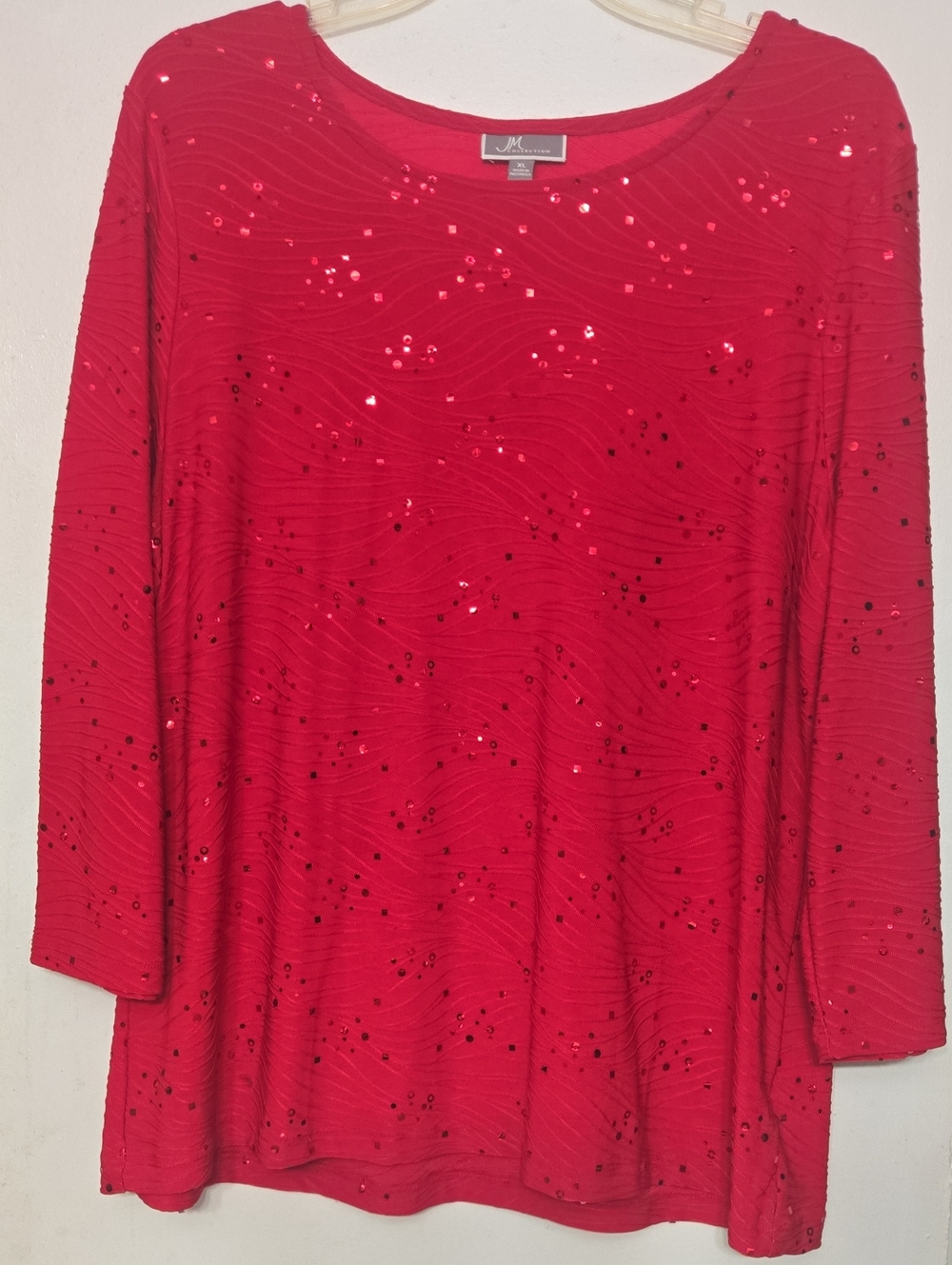 JM Collection Red Sequin Wave-Textured Long Sleeve Top